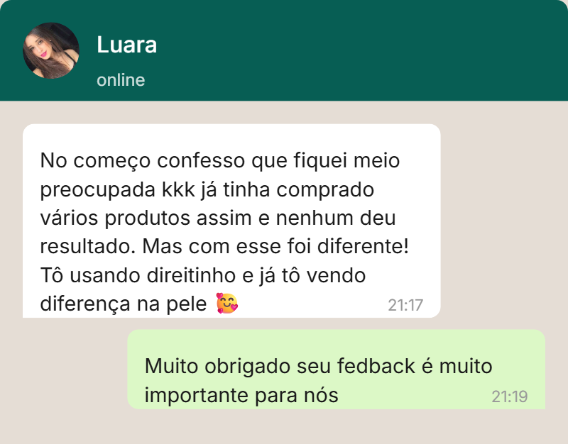 Conversa com a cliente Luara relatando sua experiência com o produto.